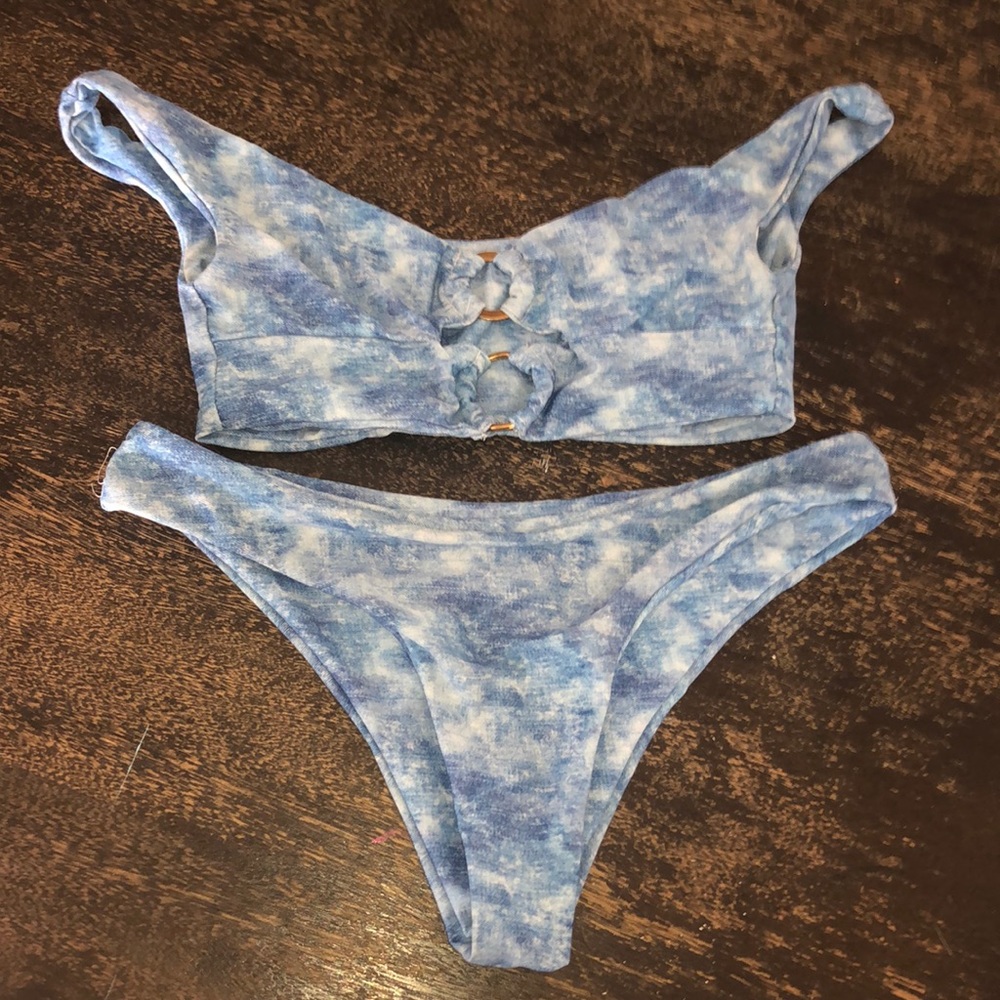fake denim bikini with gold hoops in front